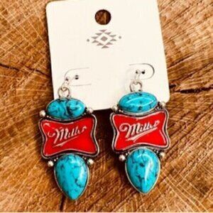 Miller Beer Turquoise Blue Red Sliver Logo Teardrop Oval Stone Drop Earrings